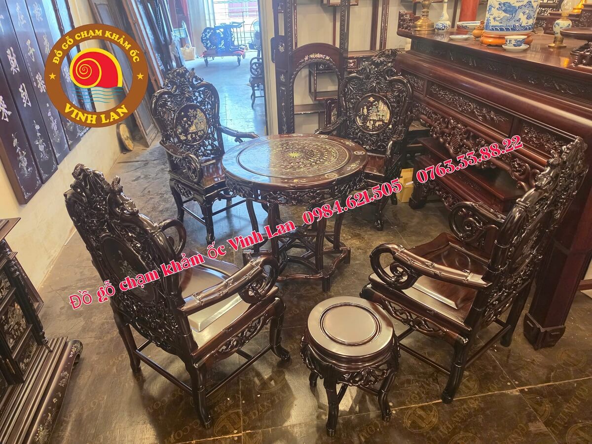 Bộ bàn ghế trúc lam gỗ gụ khảm ốc singapore